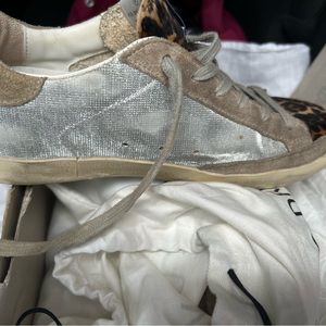 Golden goose size 7 leapord and white silver